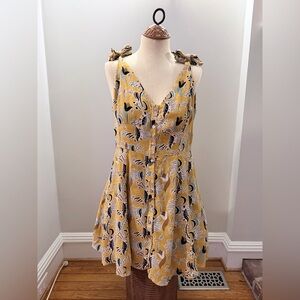 Free People Yellow Printed Tie-Shoulder Mini Dress